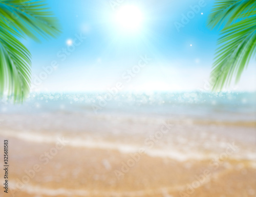 Summer abstract background green palm leaf and blur beautiful nature on the tropical beach with bokeh glitter sunlight. Relax vacation and travel business concept with copy space. Vector illustration