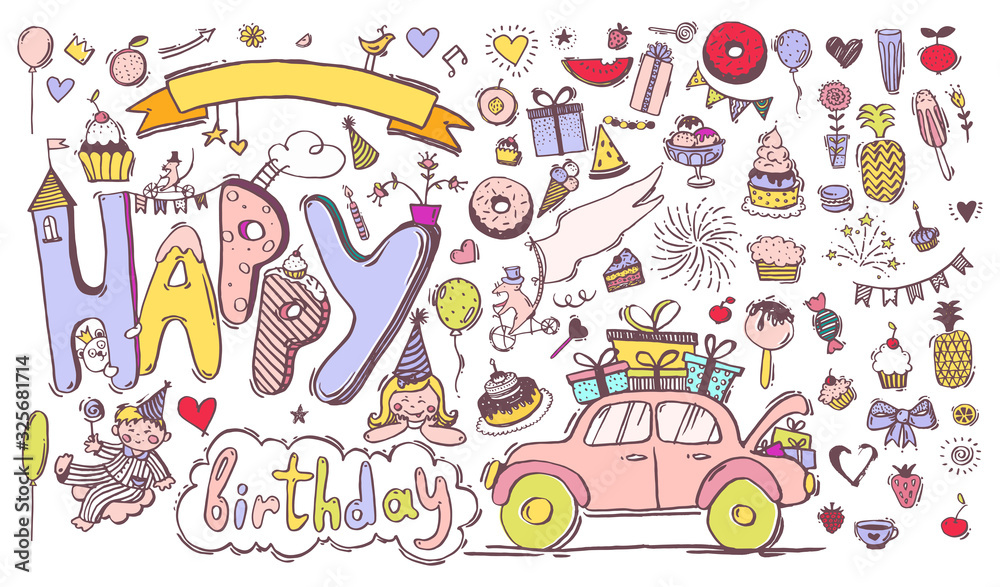 Fototapeta premium Happy Birthday. Color doodle sketch with holiday elements, sweets, gifts. Set of details for the design of invitations, parties, celebration. Vector illustration isolated on a white background