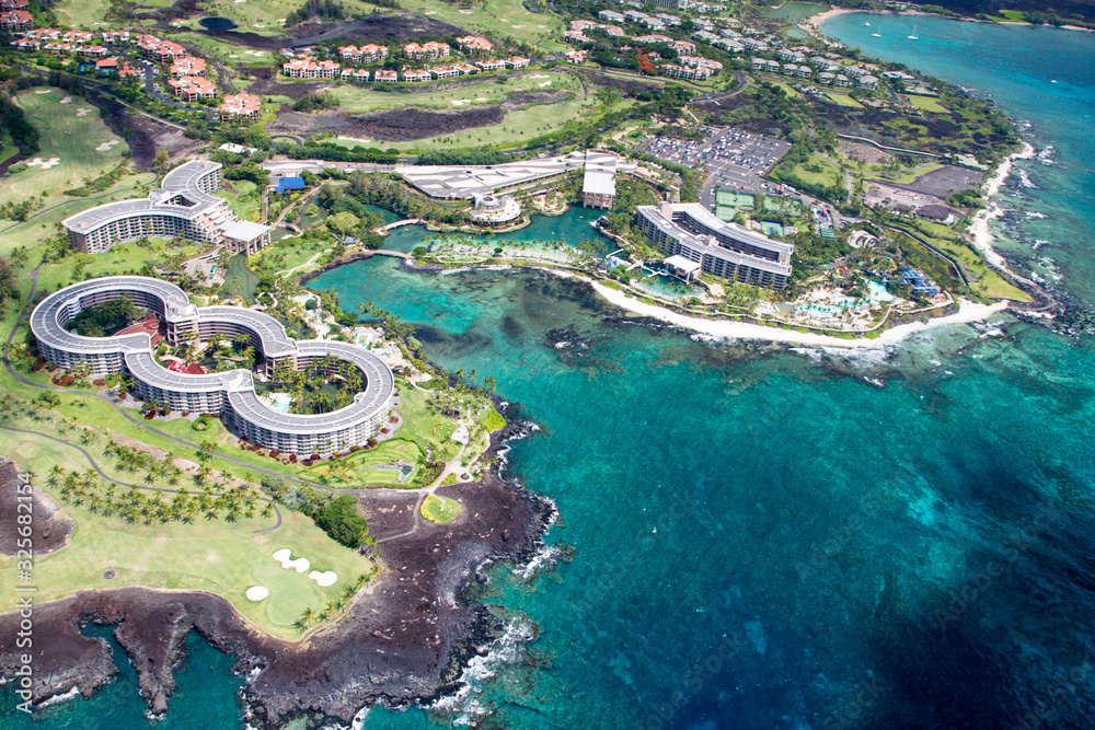 Aerial view of the luxury resort Hilton Waikoloa Village on the west coast of Big Island, Hawaii, USA.