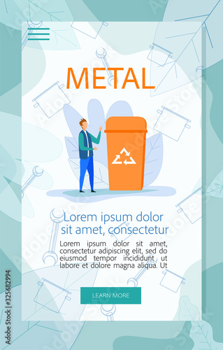 Guidance Poster for Metal Garbage Utilization. Man City Dweller Stand near Orange Litter Bin for Trash Recycling. Reduce Ecology Pollution, Earth Protection Cartoon Flat Vector Illustration, Banner