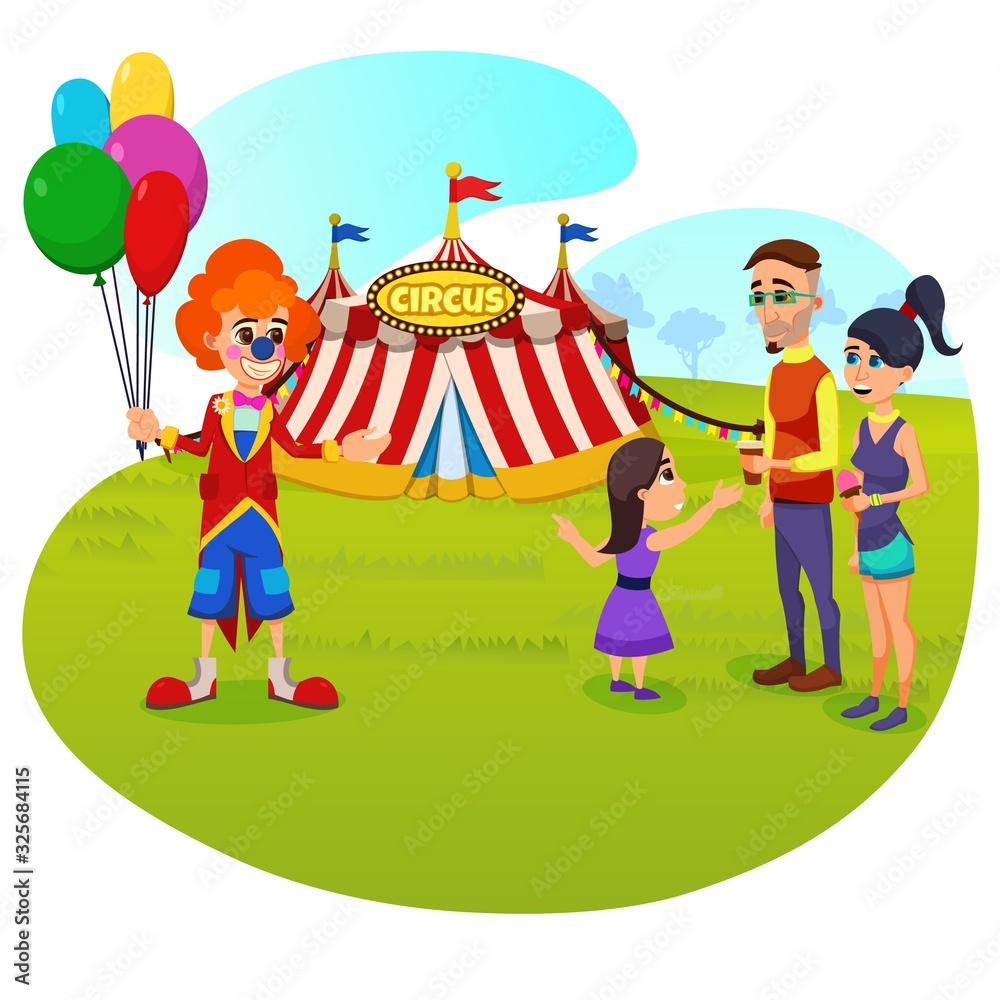 Bright Flyer Invitation Circus Arrival Cartoon. Husband and Wife Drink Coffee and Look at Clown. Daughter Calls Parents to go to Circus. Summer Fun for Children. Vector Illustration.