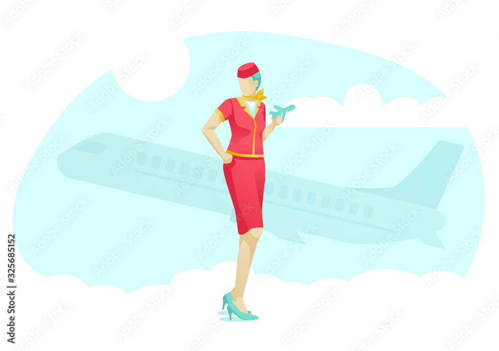 Cartoon Stewardess Character Wearing Red Uniform. Female Flying Attendants Standing over Huge Flat Airliner. Air Hostess Holding Mini Airplane Model. Woman Profession. Vector Illustration