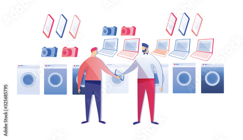 Salesman, Consulting Man Client, Willing to Buy New Pad or Reader in Consumer Electronics Store. Wide Choice Goods Like Washing Machines, Cameras, Portables and Electronic Books at Reasonable Prices.