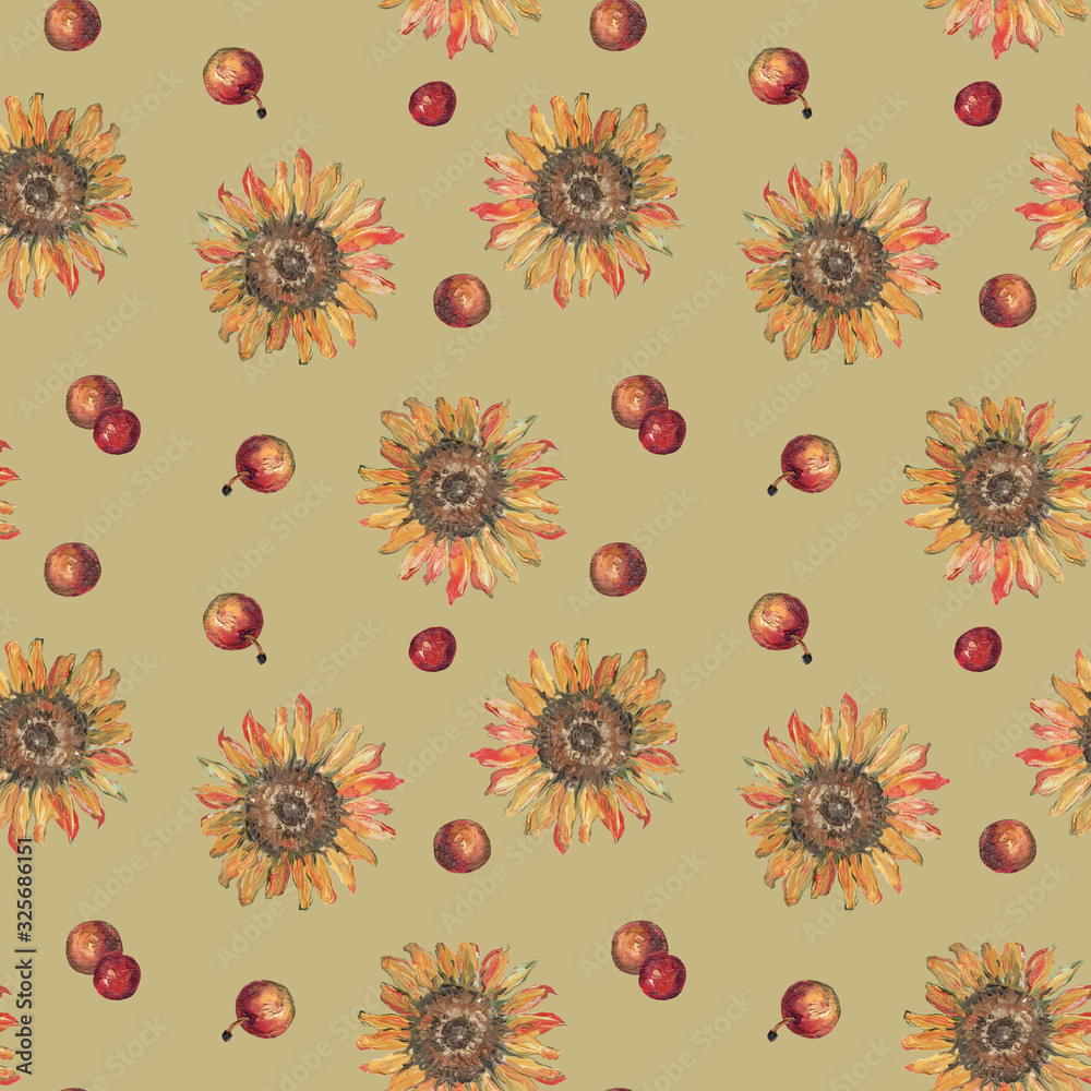 A pattern with a sunflower. Flowers and apples pattern. flower sunflower. Oil painting. Isolated color background. Textiles, wallpaper, wrapping paper. Color. A pattern with a sunflower. Flowers and apples pattern. flower sunflower. Oil painting. Isolated color background. Textiles, wallpaper, wrapping paper. Color.