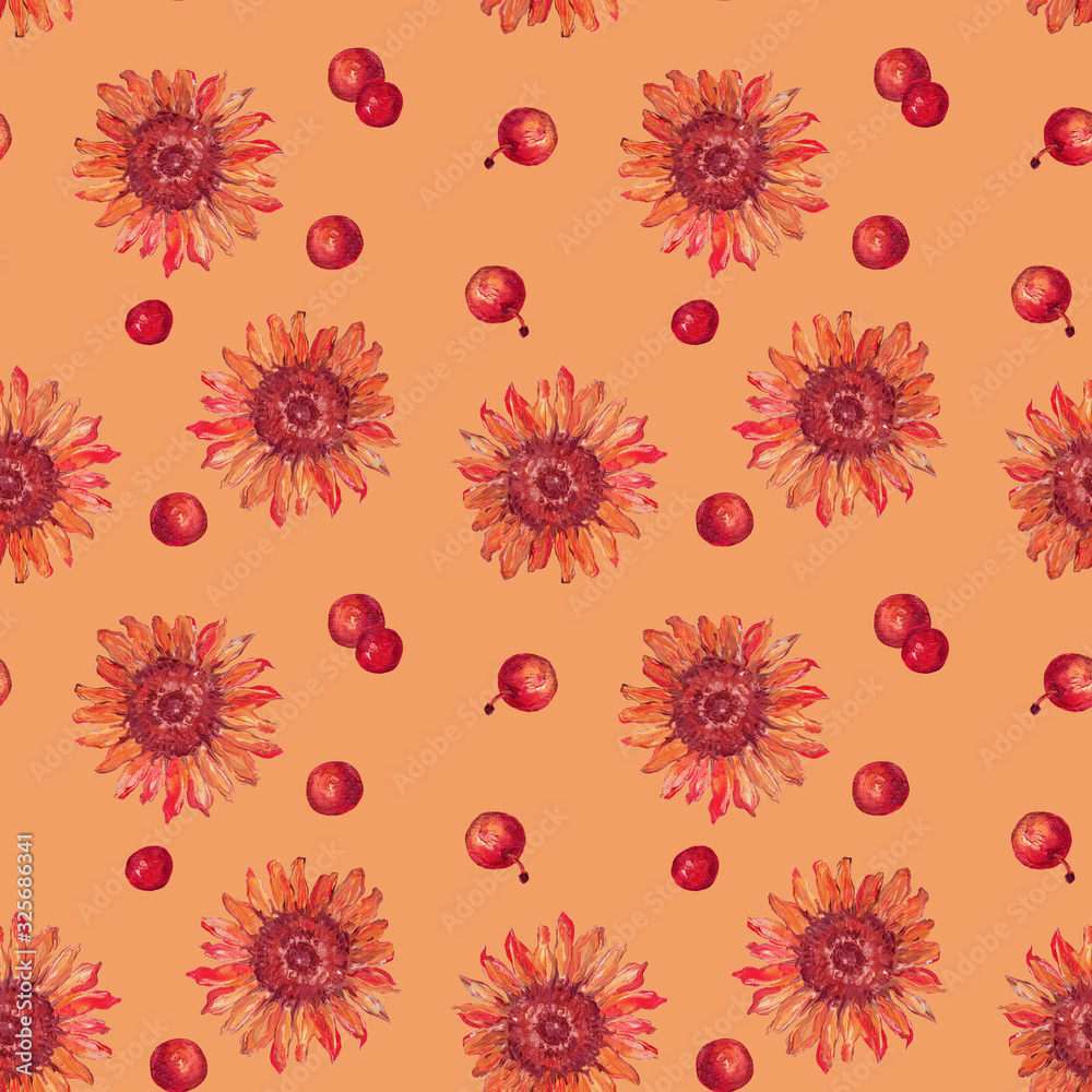   A pattern with a sunflower. Flowers and apples pattern.  flower sunflower. Oil painting. Isolated color background. Textiles, wallpaper, wrapping paper. Color.