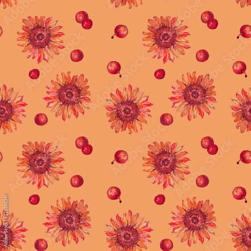   A pattern with a sunflower. Flowers and apples pattern.  flower sunflower. Oil painting. Isolated color background. Textiles, wallpaper, wrapping paper. Color. © Tetiana