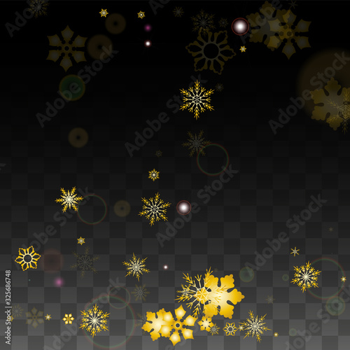 Christmas Vector Background with Gold Falling Snowflakes Isolated on Transparent Background. Realistic Snow Sparkle Pattern. Snowfall Overlay Print. Winter Sky. Design for Party Invitation.