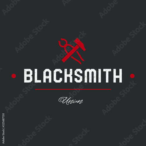 Blacksmith logo set with hammers, anvil, pliers. Forge workshop. Vector.