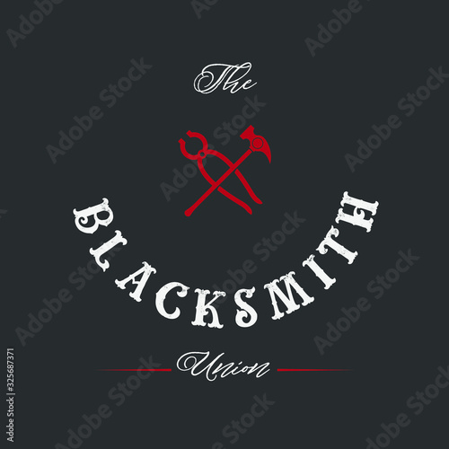 Blacksmith logo set with hammers, anvil, pliers. Forge workshop. Vector.