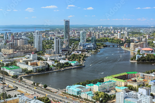 Yekaterinburg, Russia. Historical center, city pond, Yekaterinburg-City neighborhood and north-western side of the city. View from observation deck of Vysotsky skyscraper at 186m above the ground.