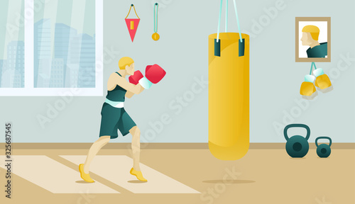 Cartoon Boxer Character Wearing Boxing Gloves Trains in Gym before Competition with Sports Awards on Wall. Man Punches Sand Sack. Preparation to Tournament. Active People. Vector Flat Illustration