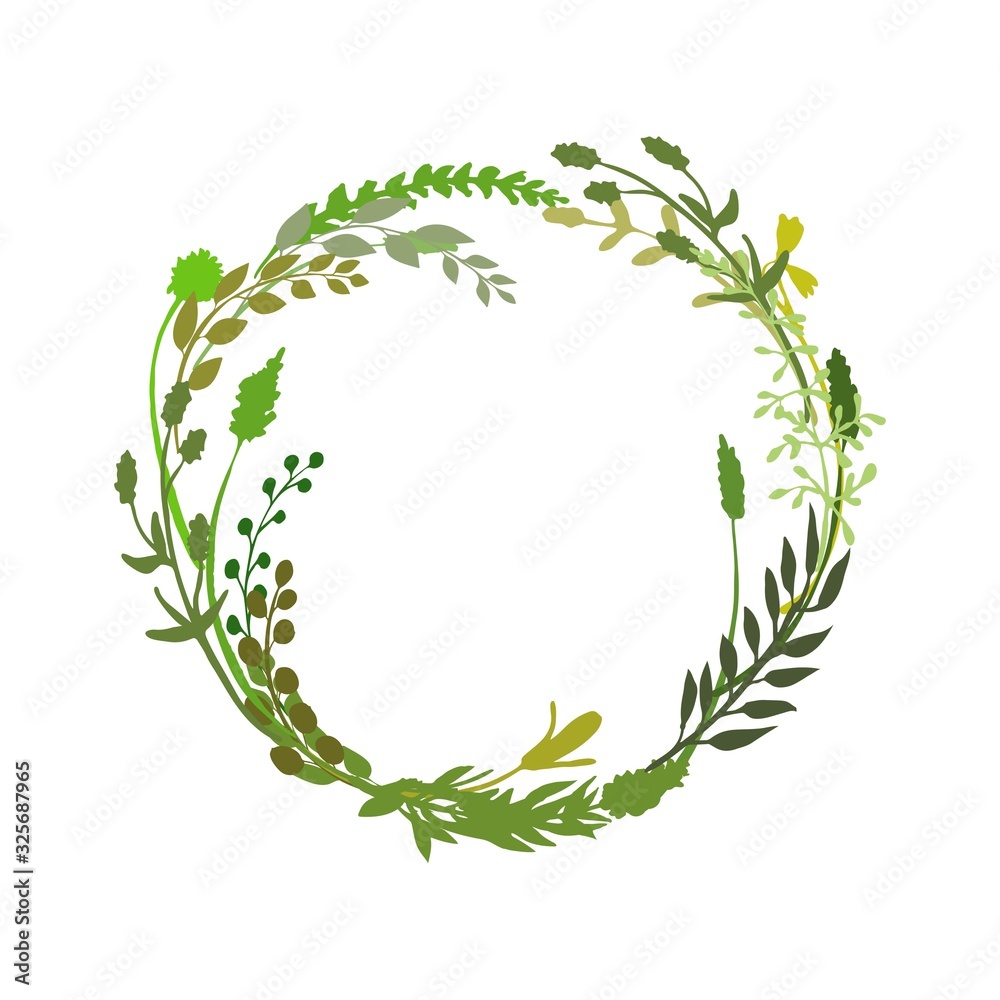 Floral wreath made of grass in circle. Hand drawn wild herbs and flowers. Botanical illustration. Great to place text, quote or logo. Round frame or border. Vector - obrazy, fototapety, plakaty 