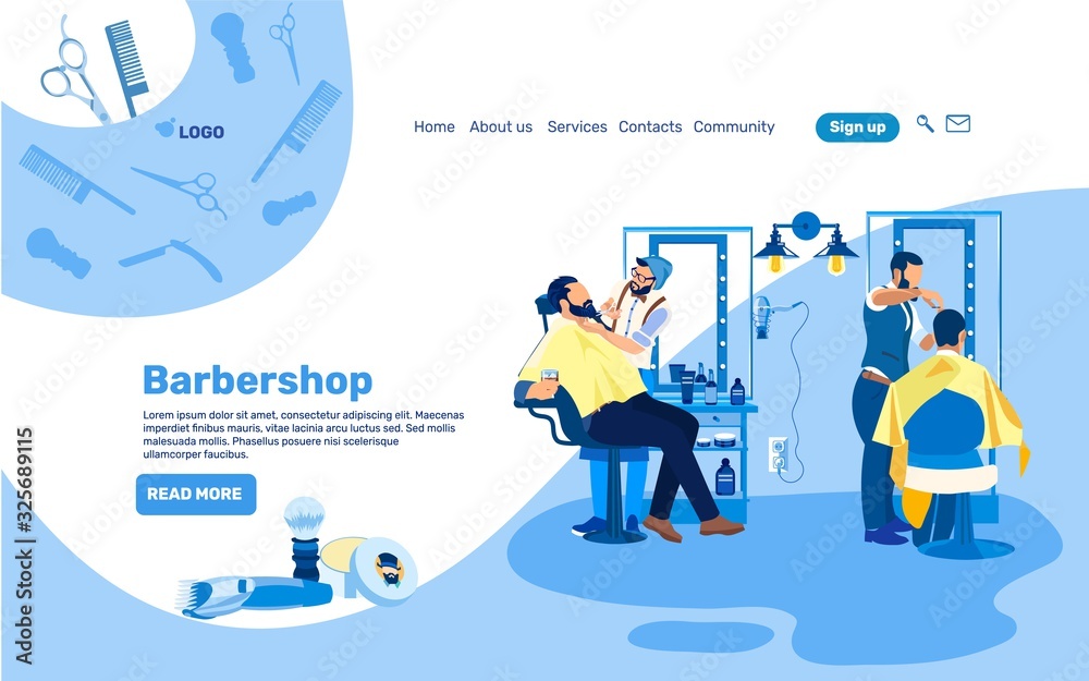 Barber Styling Client Beard and Cutting Hair in Men Beauty Salon. Hipster Grooming Place Interior with Mirror, Cosmetics, Decoration and Furniture. Cartoon Flat Vector Illustration, Horizontal Banner