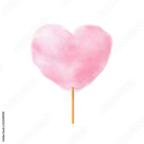 Pink heart shape cotton candy. Realistic pink heart shape cotton candy on wooden stick. Summer tasty snack for children. 3d vector realistic illustration isolated on white background