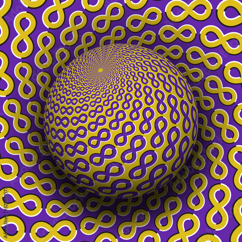 Optical illusion hypnotic vector illustration. Patterned purple yellow globe soaring above the same surface.