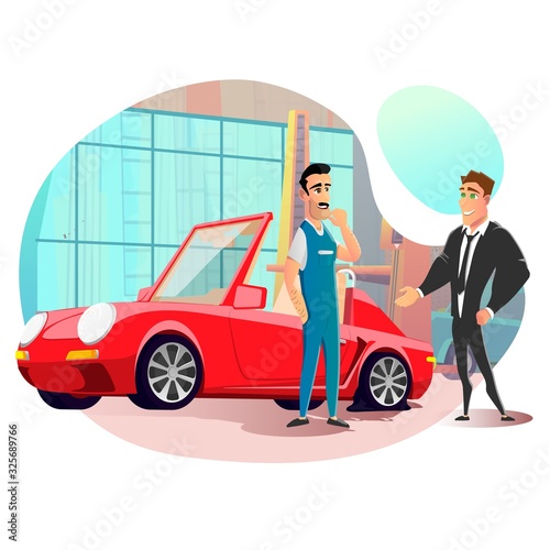 Businessman Visit Tire Repair Service with Flat Tire on Car. Friendly Smiling Master, Serviceman Welcoming Client. Dialog between Customer and Garage Staff in Uniform. Vector Flat Cutout Illustration