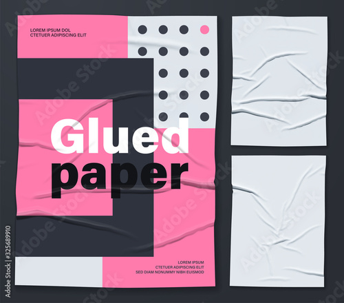 Mockup of white glued wrinkled poster. Set of vector realistic crumpled wet glued paper posters. Cool modern posters that are easy to edit and use in your presentation. Everything is grouped by layers