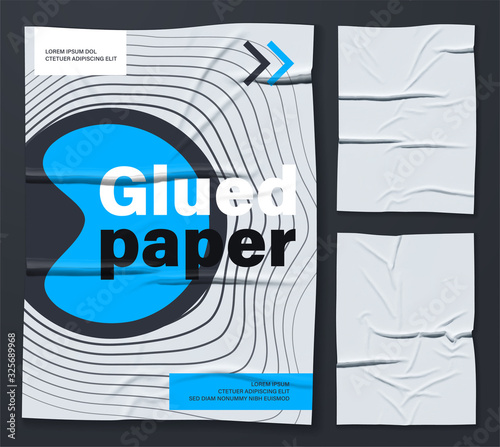 Mockup of white glued wrinkled poster. Set of vector realistic crumpled wet glued paper posters. Cool modern posters that are easy to edit and use in your presentation. Everything is grouped by layers