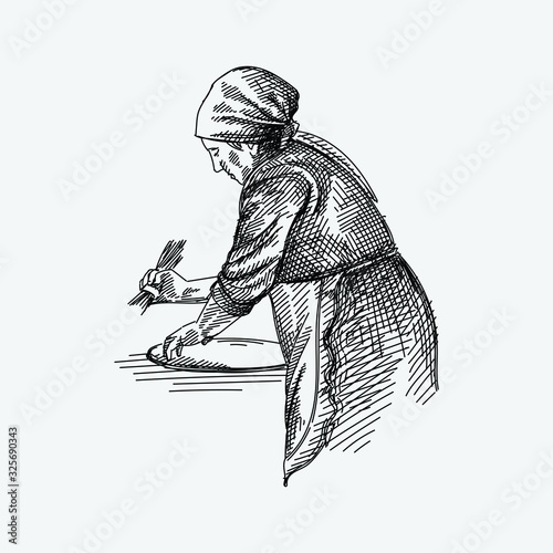 Hand drawn sketch of azeri woman making tandir bread, pita or pide bread dough. Old woman. The making of tandir bread