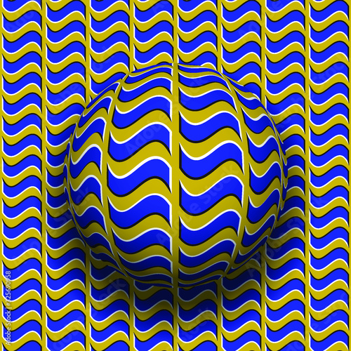 Rotating sphere of wavy quadrangles pattern. Vector blue golden optical illusion background.