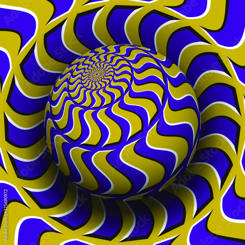 Optical illusion hypnotic vector illustration. Patterned purple golden globe soaring above the same surface.