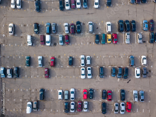 Aerial drone view. Cars in a car parking