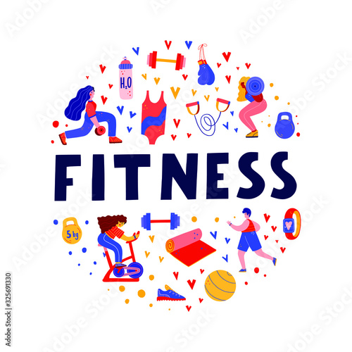 Fitness vector hand lettering with people working out and fitness related elements in a circular shape. Weights, dumbbell, yoga mat, swimming suit, fitness tracker, boxing gloves flat illustration.