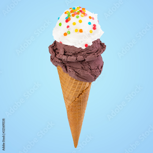 chocolate ice creamin in the cone isolated on white background