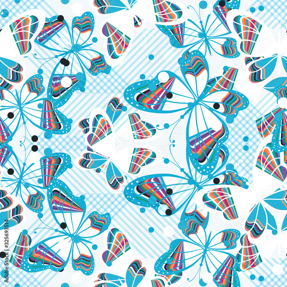 Fototapeta premium Seamless pattern with blue butterflies on white background. Vector illustration.