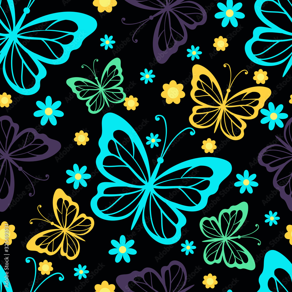 Seamless pattern with  colourful butterflies on dark background. Vector illustration.