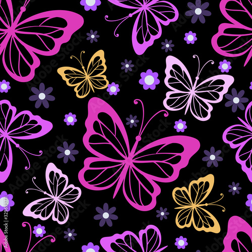 Seamless pattern with  colourful butterflies on dark background. Vector illustration.