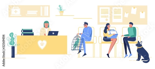 Pet Lovers with Animals Waiting in Veterinary Clinic Queue Sitting on Chairs in Hospital Interior with their Pets. Men and Girl with Dog and Parrot Visit Vet Clinic. Cartoon Flat Vector Illustration