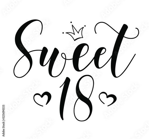 Sweet 18teen. Happy Birthday lettering sign. Design elements for postcard, poster, graphic, flyer. Simple vector brush calligraphy. Stock illustration Isolated on white background.