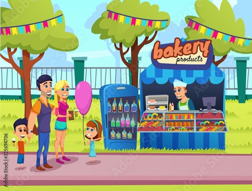 Bright Poster Inscription Bakery Product Flat. Entertainment Event Fun Fair. Parents with Children are Standing Next to Stall. Seller Offers to Buy Sweets Cartoon. Vector Illustration.