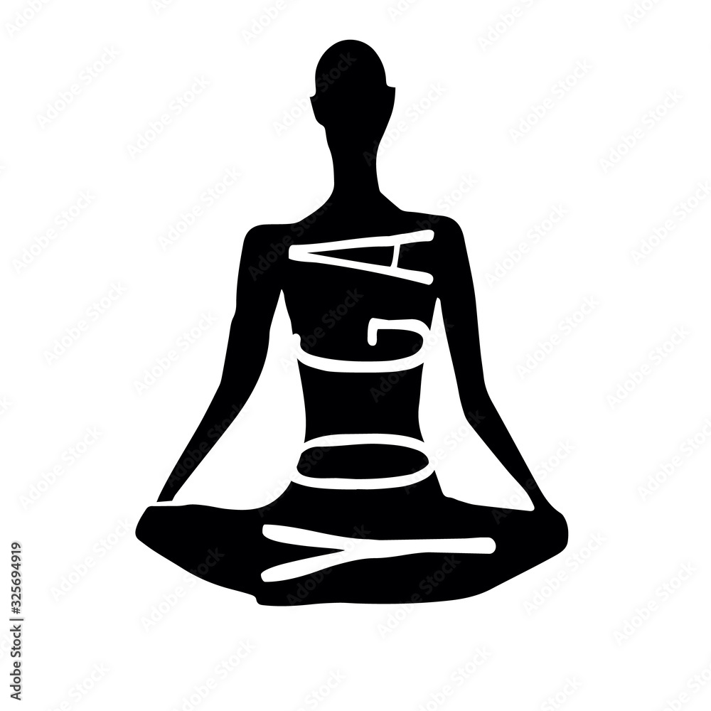 Hand drawn vector illustration. Isolated black silhouette with text yoga sitting in lotus pose on white