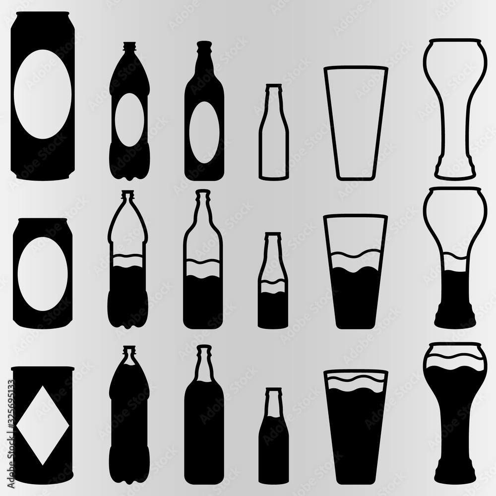 A set of mugs and bottles of beer with different amounts of alcohol. Set for bars and restaurants. A set of mugs and bottles of beer with different amounts of alcohol. Set for bars and restaurants.