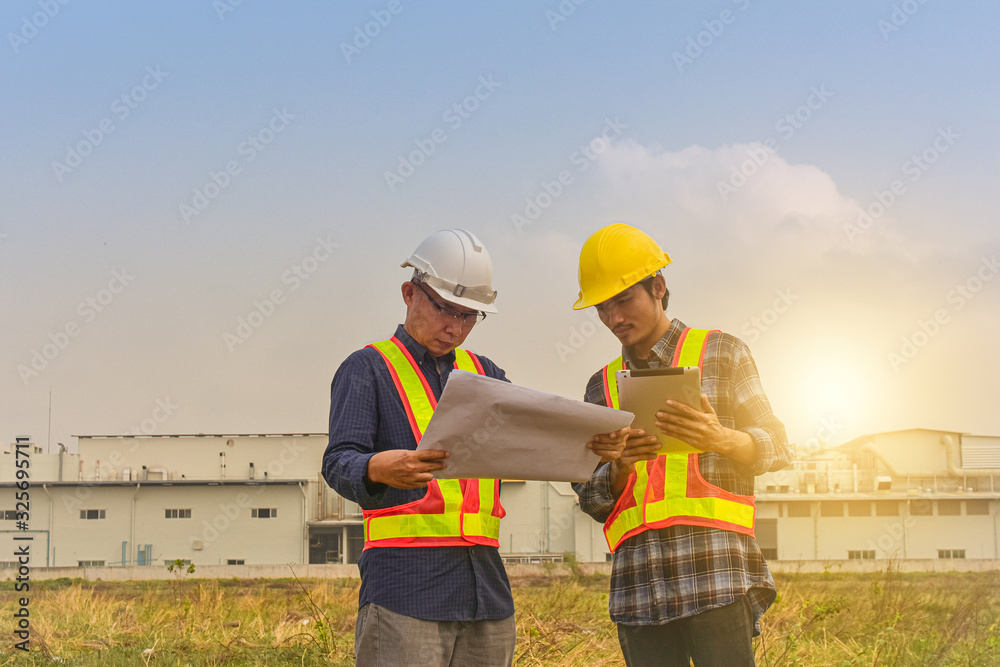 Supervisor holding blueprint talk with Foreman checking layout factory construction work place outdoor Supervisor holding blueprint talk with Foreman checking layout factory construction work place outdoor