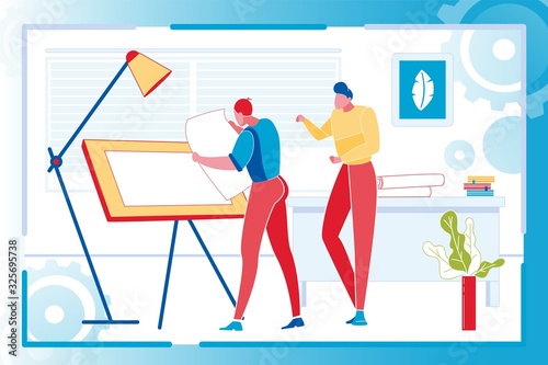 Standing Architect Men Talking near Drawing Board on Workplace in Studio. Male Character Holding big Paper Sheet with Project. Professional Working with Adjustable Table. Modern Flat Illustration