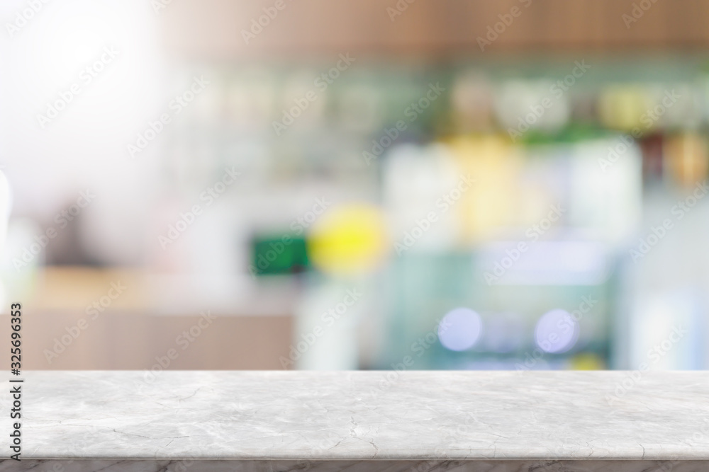 Empty white marble stone table top and blur glass window interior restaurant banner mock up abstract background - can used for display or montage your products. Empty white marble stone table top and blur glass window interior restaurant banner mock up abstract background - can used for display or montage your products.