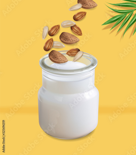 Almond milk vector realistic. Glass bottle with delicious organic drink. Almo...