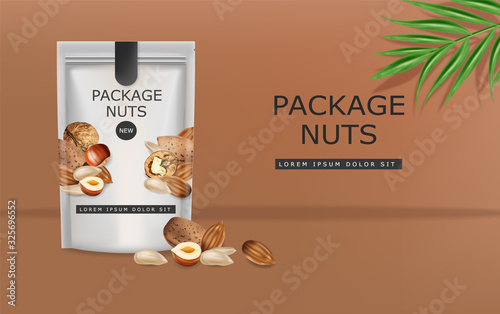 Nuts vector realistic mock up. Greek walnuts, almonds and hazelnuts. 3d detailed design packages