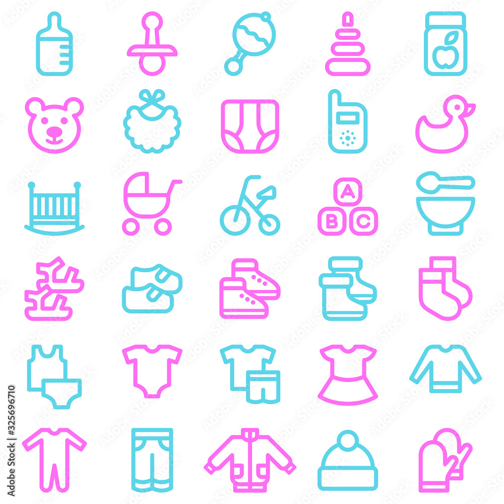 Set of baby icons: clothes, toys and food. Vector illustration Set of baby icons: clothes, toys and food. Vector illustration