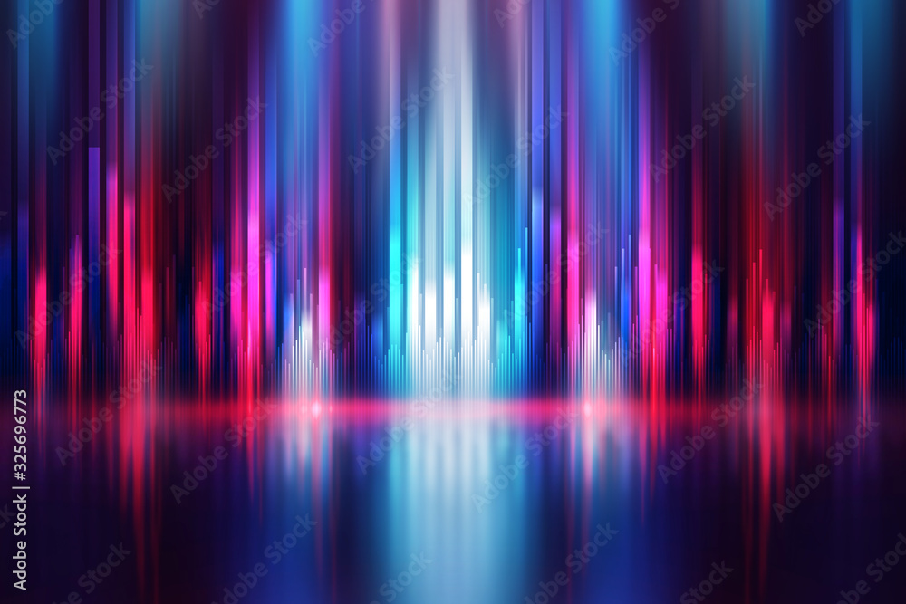 Background empty show scene. Ultraviolet dark abstract background. Geometric neon shapes, neon glow, blue and pink lighting Background empty show scene. Ultraviolet dark abstract background. Geometric neon shapes, neon glow, blue and pink lighting
