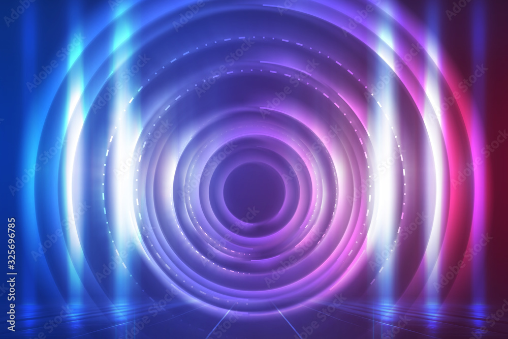 Dark abstract futuristic background. The geometric shape of the cyber circle in the middle of the scene. Neon blue-pink rays of light on a dark background Dark abstract futuristic background. The geometric shape of the cyber circle in the middle of the scene. Neon blue-pink rays of light on a dark background