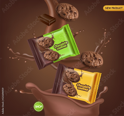 Chocolate cookies vector realistic mock up. Declious dessert falling cookies ...