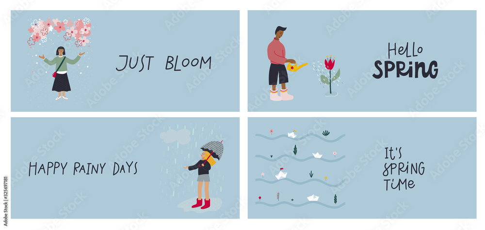 Girl Boy spring lettering illustration card bundle