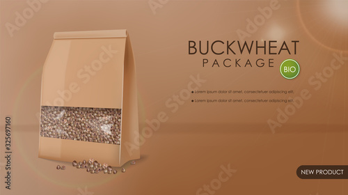Buckwheat package vector realistic mock up. 3d detailed product placement. Advertise label designs