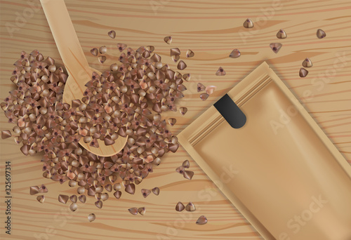 Buckwheat spread vector realistic top view. Product packaging design. Detaile...