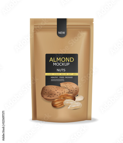 Almond nuts isolated vector realistic mock up. Raw vegan delicious snack. 3d detailed design product packages