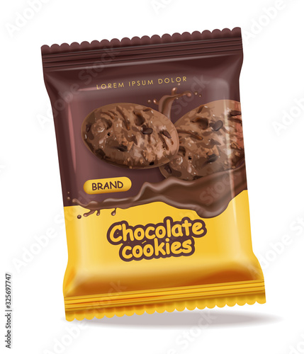 Chocolate cookies isolated vector realistic mock up. Declious dessert falling cookies with chocolate splash. 3d detailed product packages